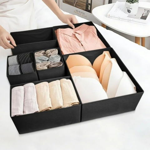 Organizator pentru sertar, 3 marimi, pentru lenjerie, tricouri, sosete, 6 piese, pliabil, stivuibil, din tesatura, negru [1]