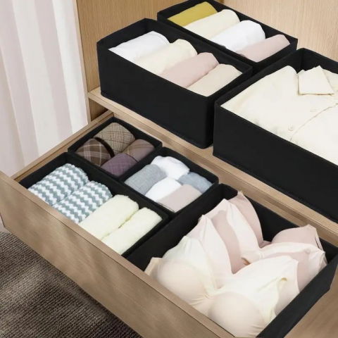 Organizator pentru sertar, 3 marimi, pentru lenjerie, tricouri, sosete, 6 piese, pliabil, stivuibil, din tesatura, negru [4]