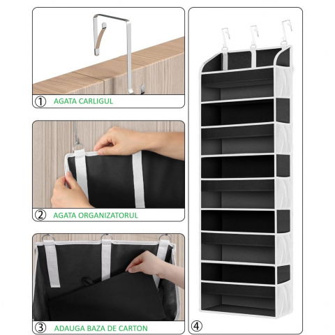 Organizator suspendat pentru usi, din nailon si plasa, baza de carton ingrosat, 5 buzunare principale + 10 buzunare laterale, 140 x 39 x 17 cm, 3 carlige incluse, negru [1]