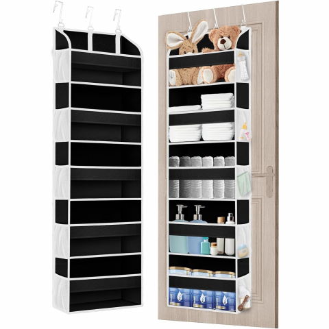 Organizator suspendat pentru usi, din nailon si plasa, baza de carton ingrosat, 5 buzunare principale + 10 buzunare laterale, 140 x 39 x 17 cm, 3 carlige incluse, negru [2]