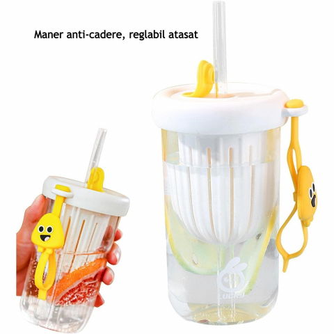 Pahar din silicon, cu capac si pai, pentru copii, anti-cadere, compartiment pentru fructe/ceai/gheata, rezistent la temperaturi inalte, 500ml, alb, 14.5x8.8x20 cm [6]