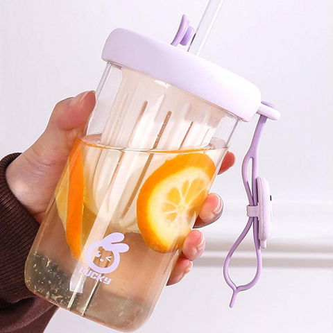 Pahar din silicon, cu capac si pai, pentru copii, anti-cadere, compartiment pentru fructe/ceai/gheata, rezistent la temperaturi inalte, 500ml, mov, 14.5x8.8x20 cm [3]