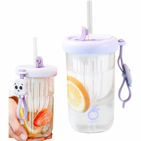 Pahar din silicon, cu capac si pai, pentru copii, anti-cadere, compartiment pentru fructe/ceai/gheata, rezistent la temperaturi inalte, 500ml, mov, 14.5x8.8x20 cm [5]