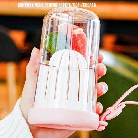 Pahar din silicon, cu capac si pai, pentru copii, anti-cadere, compartiment pentru fructe/ceai/gheata, rezistent la temperaturi inalte, 500ml, roz, 14.5x8.8x20 cm [2]