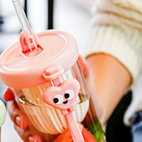 Pahar din silicon, cu capac si pai, pentru copii, anti-cadere, compartiment pentru fructe/ceai/gheata, rezistent la temperaturi inalte, 500ml, roz, 14.5x8.8x20 cm [5]