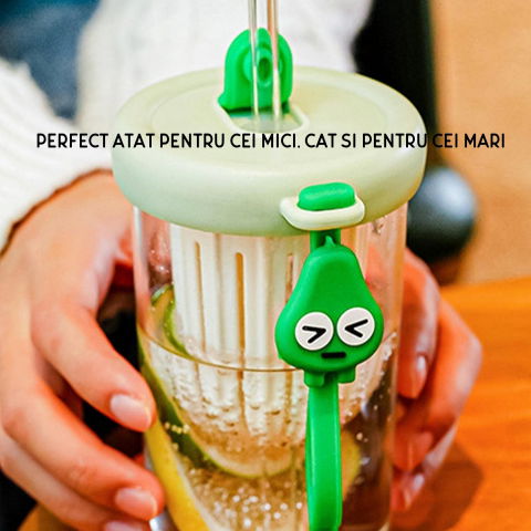 Pahar din silicon, cu capac si pai, pentru copii, anti-cadere, compartiment pentru fructe/ceai/gheata, rezistent la temperaturi inalte, 500ml, verde, 14.5x8.8x20 cm [2]