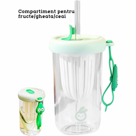 Pahar din silicon, cu capac si pai, pentru copii, anti-cadere, compartiment pentru fructe/ceai/gheata, rezistent la temperaturi inalte, 500ml, verde, 14.5x8.8x20 cm [1]