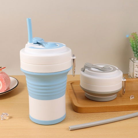 Pahar pliabil din silicon  pentru calatorii, camping, 750 ml, pai inclus, 11.6 x 19.3 cm, albastru [2]