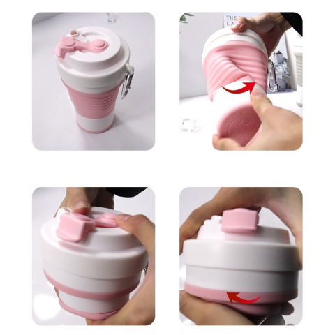 Pahar pliabil din silicon  pentru calatorii, camping, 750 ml, pai inclus, 11.6 x 19.3 cm, roz [1]