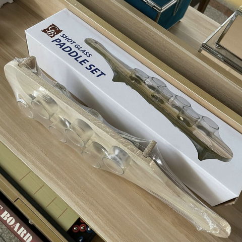 Pahare shot din sticla, set 6 pahare pentru shot cu suport din lemn, design rustic, 41 x 8.5 x 6 cm, model 2, maro [5]