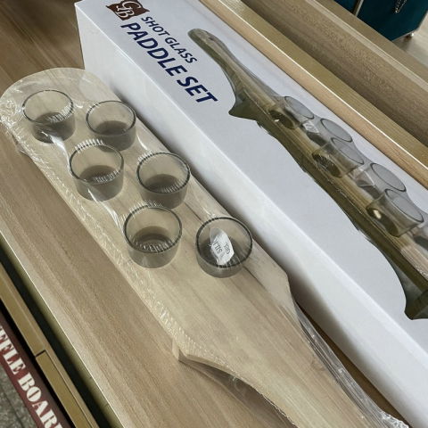 Pahare shot din sticla, set 6 pahare pentru shot cu suport din lemn, design rustic, 41 x 8.5 x 6 cm, model 2, maro [4]