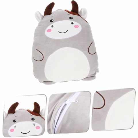 Patura 2in1 pentru pat sau canapea, model jucarie vacuta cu spatiu de depozitare patura, microfibra, 1x1.7 m, gri [1]