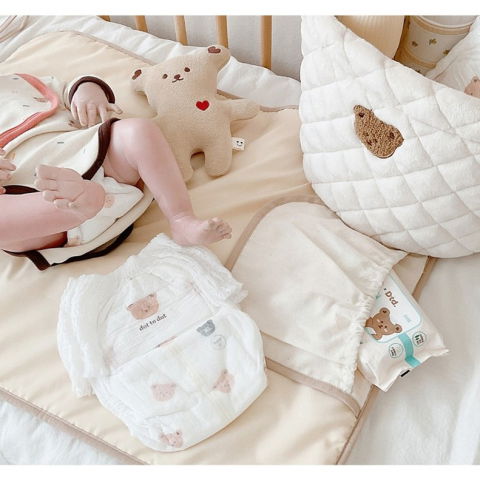 Patura multifunctionala, pentru schimbat scutec, impermeabila, din bumbac, 50 x 70 cm, portabila, model ursulet, bej [1]