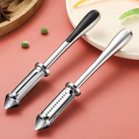 Peeler 2in1 pentru legume si fructe, multifunctional, cu 2 lame de curatati si feliat, varf ascutit pentru gaurit, 18 cm, din otel inoxidabil, argintiu/negru [6]