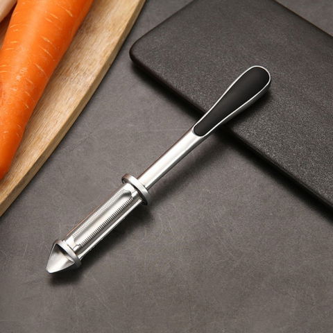 Peeler 2in1 pentru legume si fructe, multifunctional, cu 2 lame de curatati si feliat, varf ascutit pentru gaurit, 18 cm, din otel inoxidabil, argintiu/negru [8]