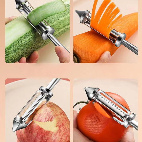 Peeler 2in1 pentru legume si fructe, multifunctional, cu 2 lame de curatati si feliat, varf ascutit pentru gaurit, 18 cm, din otel inoxidabil, argintiu/negru [2]