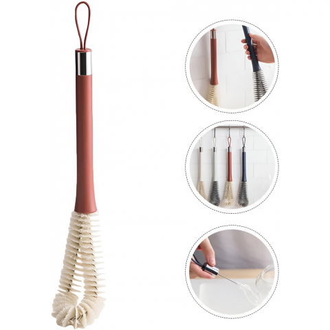 Perie de curatat pahare, sticle, biberoane, cu maner lung, uz casnic, silicon, ergonomic, 3.9x5.4x38.5cm, rosu [2]