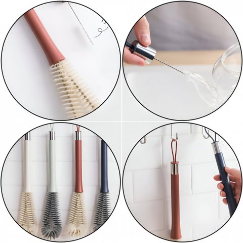 Perie de curatat pahare, sticle, biberoane, cu maner lung, uz casnic, silicon, ergonomic, 3.9x5.4x38.5cm, rosu [4]