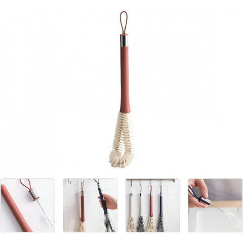 Perie de curatat pahare, sticle, biberoane, cu maner lung, uz casnic, silicon, ergonomic, 3.9x5.4x38.5cm, rosu [6]