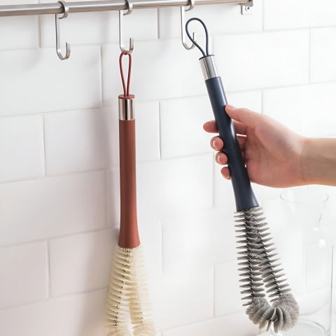 Perie de curatat pahare, sticle, biberoane, cu maner lung, uz casnic, silicon, ergonomic, 3.9x5.4x38.5cm, rosu [7]