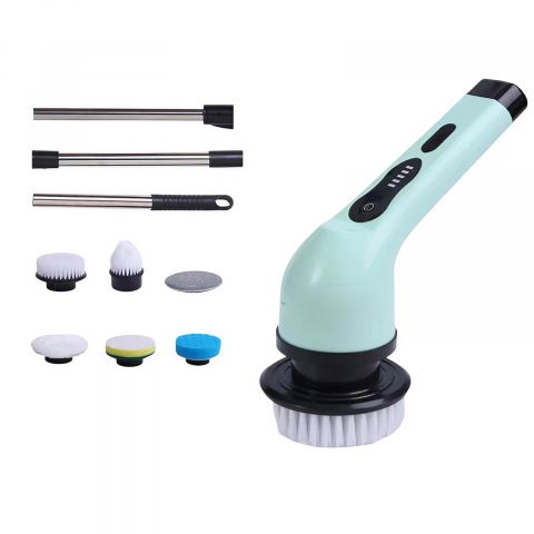 Maturi, Perii, Mopuri si Galeti - Perie electrica de curatare, pentru gresie, baie, bucatarie, 25x20x9.5 cm, cu 6 capete, maner extensibil detasabil 84-127cm, incarcare usb-type c, rotire 360 de grade, 3000 mah, culoare: verde