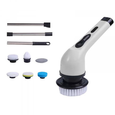 Maturi, Perii, Mopuri si Galeti - Perie electrica de curatare, pentru gresie, baie, bucatarie, 25x20x9.5 cm, cu 6 capete, maner extensibil detasabil 84-127cm, incarcare usb-type c, rotire 360 de grade, 3000 mah, culoare: alb