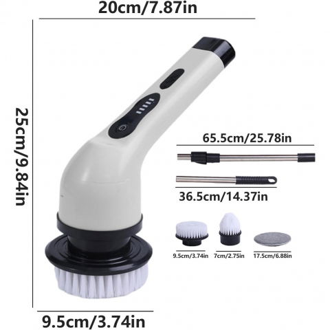 Perie electrica de curatare, pentru gresie, baie, bucatarie, 25x20x9.5 cm, cu 9 capete, maner extensibil detasabil 84-127cm, incarcare usb-type c, rotire 360 de grade, 3000 mah, culoare: alb [7]