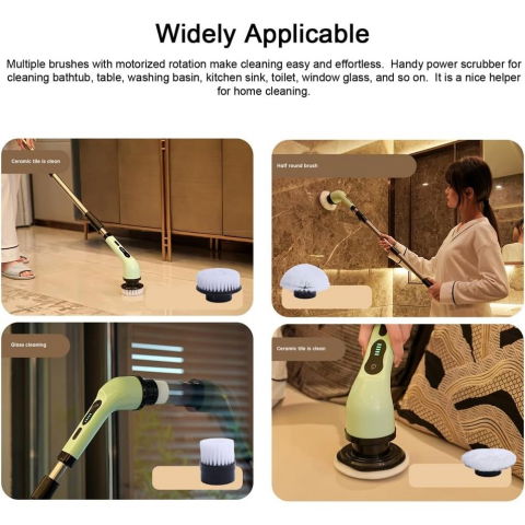 Perie electrica de curatare, pentru gresie, baie, bucatarie, 25x20x9.5 cm, cu 9 capete, maner extensibil detasabil 84-127cm, incarcare usb-type c, rotire 360 de grade, 3000 mah, culoare: verde [6]