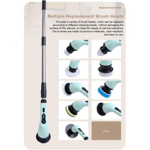 Perie electrica de curatare, pentru gresie, baie, bucatarie, 25x20x9.5 cm, cu 9 capete, maner extensibil detasabil 84-127cm, incarcare usb-type c, rotire 360 de grade, 3000 mah, culoare: verde [9]