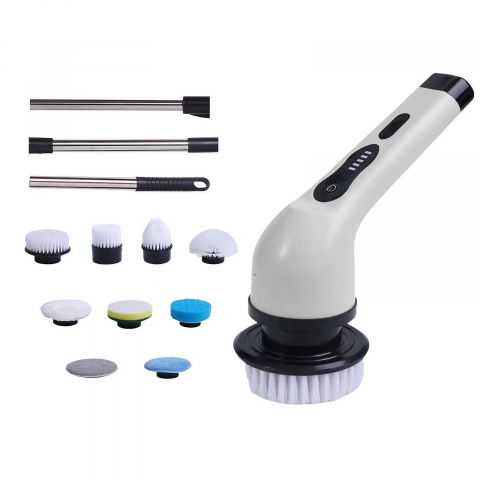 Maturi, Perii, Mopuri si Galeti - Perie electrica de curatare, pentru gresie, baie, bucatarie, 25x20x9.5 cm, cu 9 capete, maner extensibil detasabil 84-127cm, incarcare usb-type c, rotire 360 de grade, 3000 mah, culoare: alb