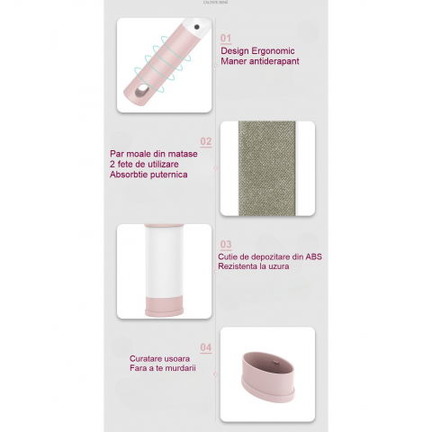 Perie electrostatica, pentru curatarea parului/scamelor de pe haine si tapiterii, 2 fete, autocuratare, 31 x 8.5 cm, roz [5]