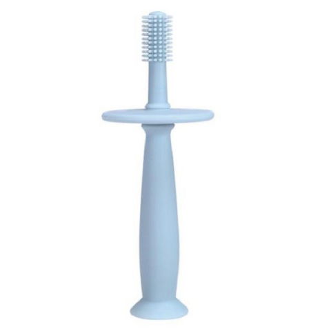 Îngrijire, transport și organizare pentru bebeluși și copii - Periuta de dinti din silicon pentru bebelusi, fara bpa, 360 grade, bariera anti-inghitire, maner ergonomic, 12.5 x 15 cm, albastru