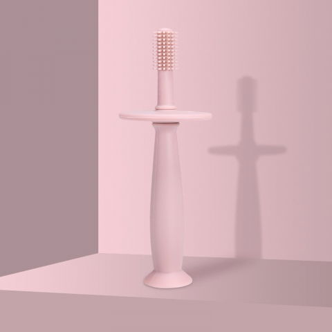 Periuta de dinti din silicon pentru bebelusi, fara bpa, 360 grade, bariera anti-inghitire, maner ergonomic, 12.5 x 15 cm, roz [4]