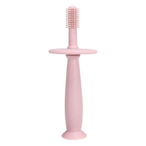 Îngrijire, transport și organizare pentru bebeluși și copii - Periuta de dinti din silicon pentru bebelusi, fara bpa, 360 grade, bariera anti-inghitire, maner ergonomic, 12.5 x 15 cm, roz