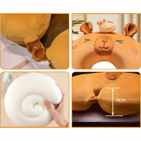 Perna de calatorie in forma de u, pentru gat si cap, umplutura din spuma cu memorie, 30x30 cm, model capybara, accesoriu de voiaj, birou, masina, sistem prindere capse, maro [2]
