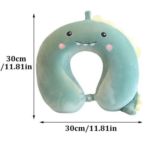 Perna de calatorie in forma de u, pentru gat si cap, umplutura din spuma cu memorie, 30x30 cm, model dinozaur, accesoriu de voiaj, birou, masina, sistem prindere capse, verde [1]