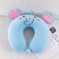 Perna de calatorie in forma de u, pentru gat si cap, umplutura din spuma cu memorie, 30x30 cm, model elefant, accesoriu de voiaj, birou, masina, sistem prindere capse, albastru [2]