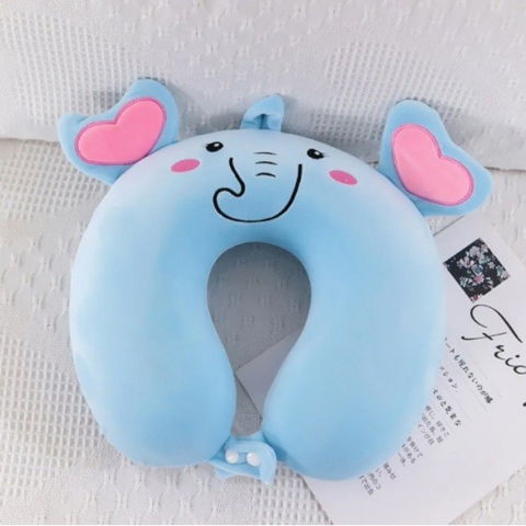 Perna de calatorie in forma de u, pentru gat si cap, umplutura din spuma cu memorie, 30x30 cm, model elefant, accesoriu de voiaj, birou, masina, sistem prindere capse, albastru [1]