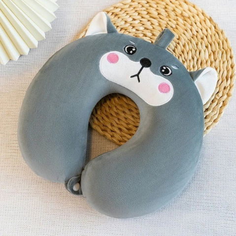 Perna de calatorie in forma de u, pentru gat si cap, umplutura din spuma cu memorie, 30x30 cm, model husky, accesoriu de voiaj, birou, masina, sistem prindere capse, gri [1]