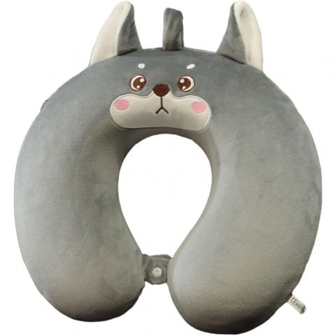 Organizatoare, perne voiaj şi accesorii - Perna de calatorie in forma de u, pentru gat si cap, umplutura din spuma cu memorie, 30x30 cm, model husky, accesoriu de voiaj, birou, masina, sistem prindere capse, gri
