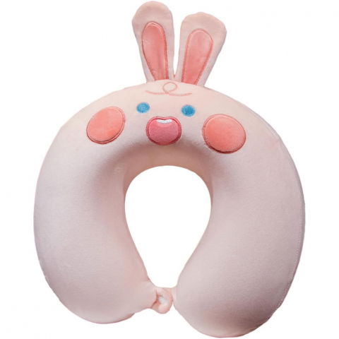 Organizatoare, perne voiaj şi accesorii - Perna de calatorie in forma de u, pentru gat si cap, umplutura din spuma cu memorie, 30x30 cm, model iepuras, accesoriu de voiaj, birou, masina, sistem prindere capse, roz