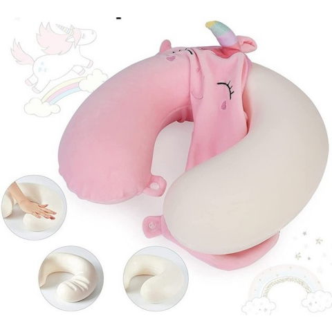 Perna de calatorie in forma de u, pentru gat si cap, umplutura din spuma cu memorie, 30x30 cm, model iepuras, accesoriu de voiaj, birou, masina, sistem prindere capse, roz [2]