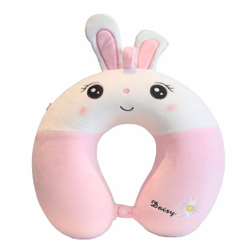 Organizatoare, perne voiaj şi accesorii - Perna de calatorie in forma de u, pentru gat si cap, umplutura din spuma cu memorie, 30x30 cm, model iepuras, accesoriu de voiaj, birou, masina, sistem prindere capse, roz-alb