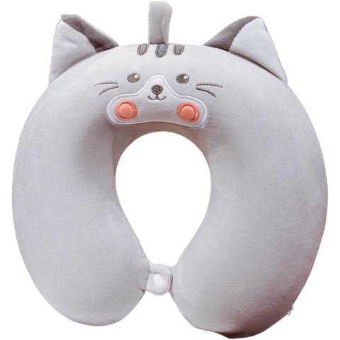 Organizatoare, perne voiaj şi accesorii - Perna de calatorie in forma de u, pentru gat si cap, umplutura din spuma cu memorie, 30x30 cm, model pisica, accesoriu de voiaj, birou, masina, sistem prindere capse, gri