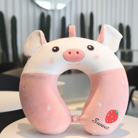 Perna de calatorie in forma de u, pentru gat si cap, umplutura din spuma cu memorie, 30x30 cm, model purcelus, accesoriu de voiaj, birou, masina, sistem prindere capse, alb-roz [6]