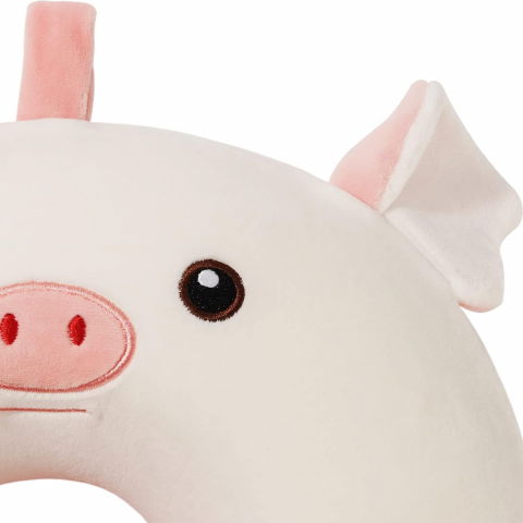 Perna de calatorie in forma de u, pentru gat si cap, umplutura din spuma cu memorie, 30x30 cm, model purcelus, accesoriu de voiaj, birou, masina, sistem prindere capse, alb-roz [3]