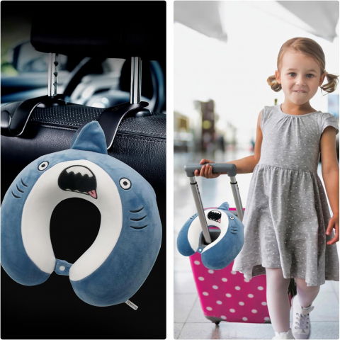 Perna de calatorie in forma de u, pentru gat si cap, umplutura din spuma cu memorie, 30x30 cm, model rechin, accesoriu de voiaj, birou, masina, sistem prindere capse, albastru [3]