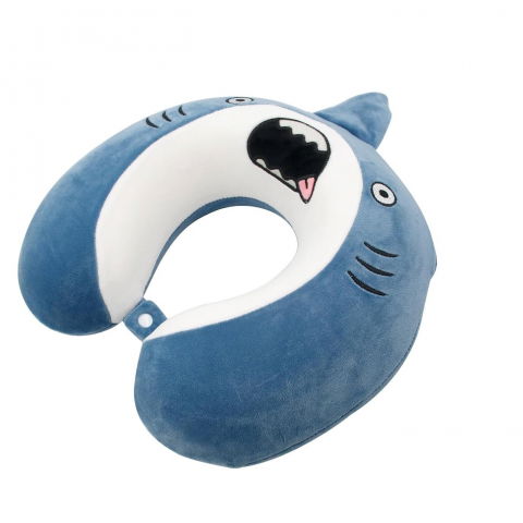 Perna de calatorie in forma de u, pentru gat si cap, umplutura din spuma cu memorie, 30x30 cm, model rechin, accesoriu de voiaj, birou, masina, sistem prindere capse, albastru [2]