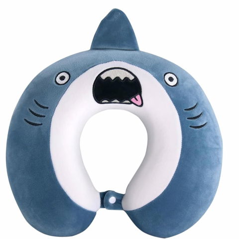 Organizatoare, perne voiaj şi accesorii - Perna de calatorie in forma de u, pentru gat si cap, umplutura din spuma cu memorie, 30x30 cm, model rechin, accesoriu de voiaj, birou, masina, sistem prindere capse, albastru