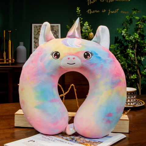 Perna de calatorie in forma de u, pentru gat si cap, umplutura din spuma cu memorie, 30x30 cm, model unicorn, accesoriu de voiaj, birou, masina, sistem prindere capse, multicolor [1]